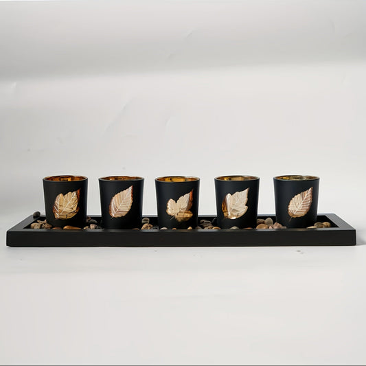 7 photophores noir feuilles dorées - Esprit Chandelier