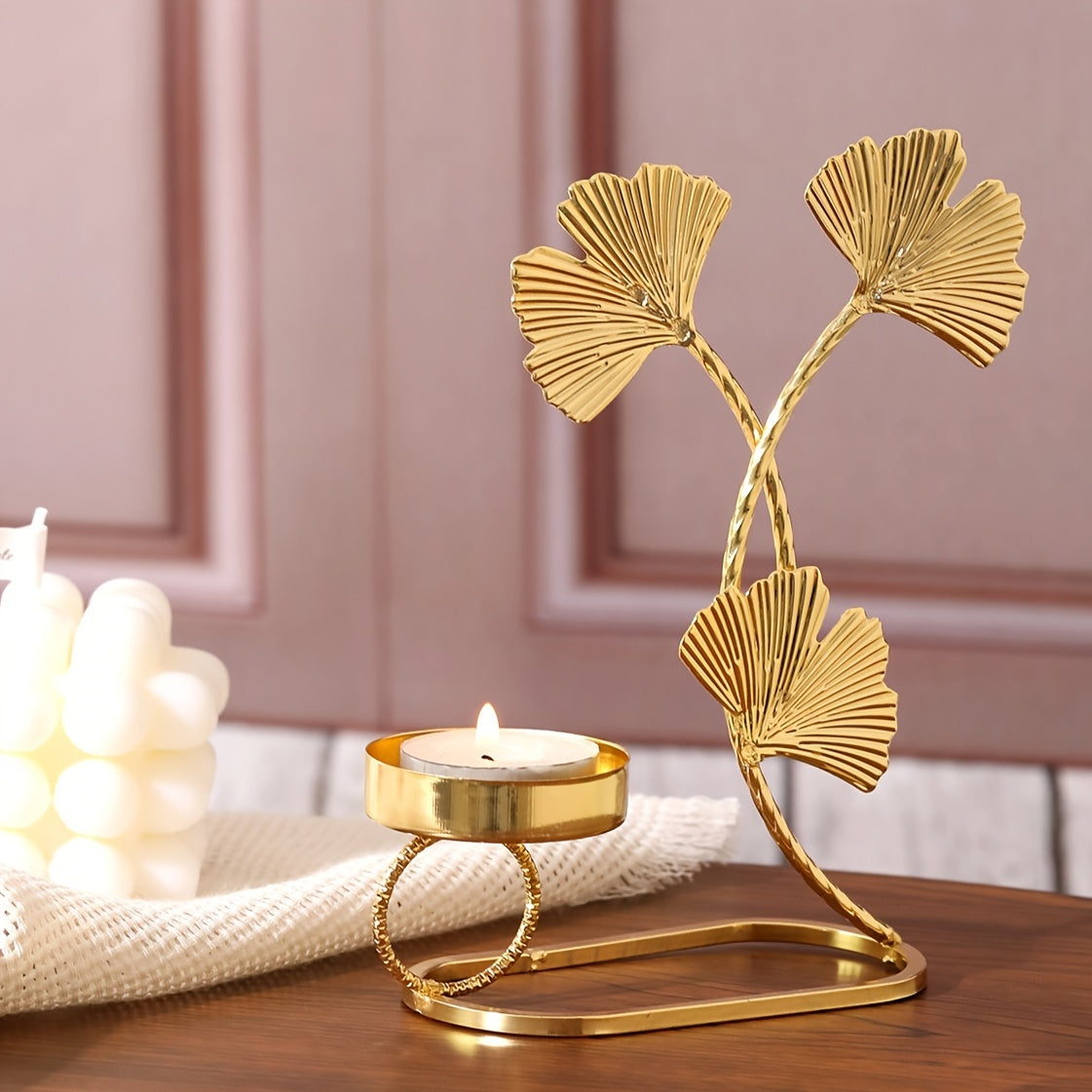 Bougeoir Doré Feuille Ginkgo - Esprit Chandelier