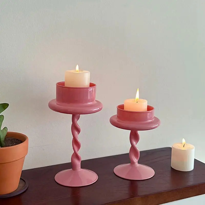 Bougeoir sur Pied verre rose - Esprit Chandelier
