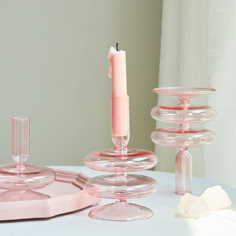 Bougeoir en verre anneau rose - Esprit Chandelier
