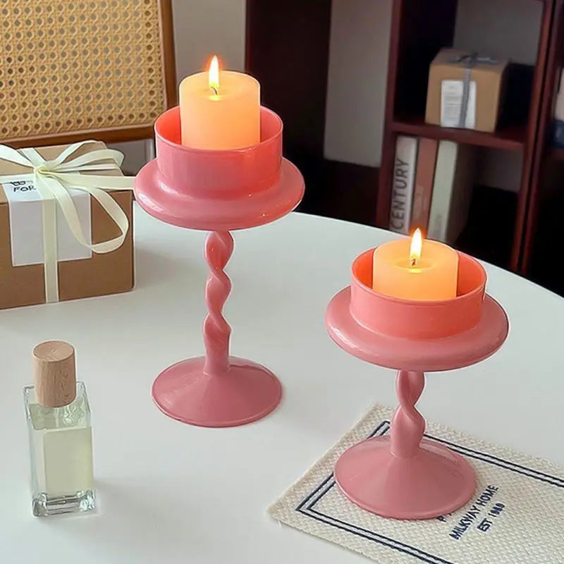 Bougeoir sur pied verre rose - Esprit Chandelier