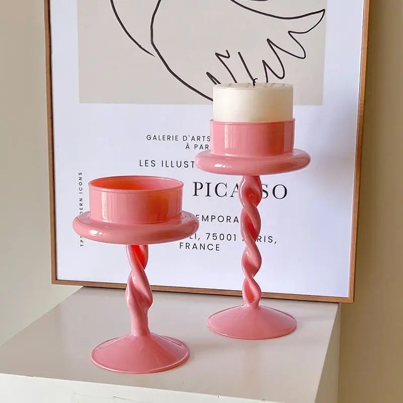 Bougeoir Verre Rose Pied Torsadé - Esprit Chandelier