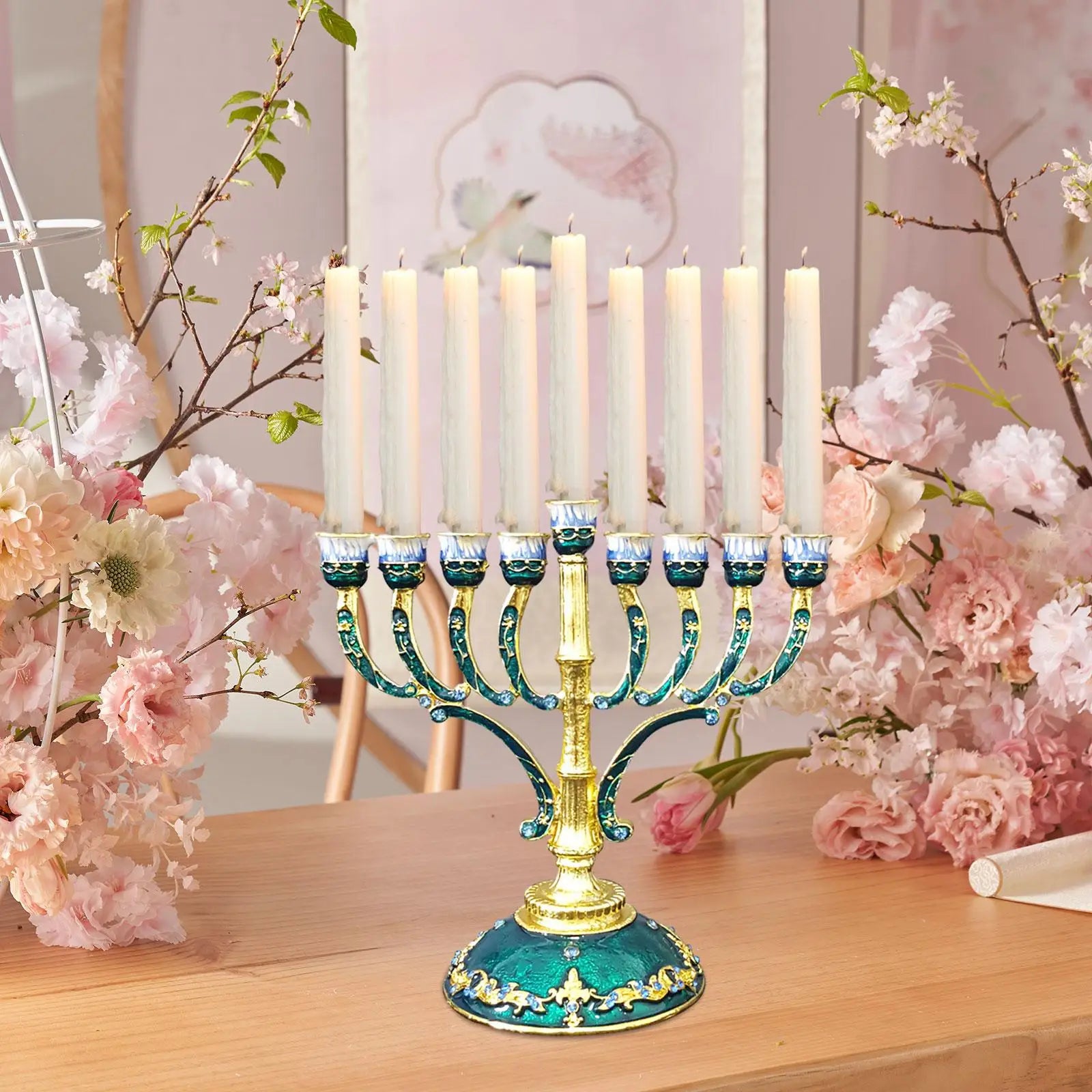 Candélabre 9 Bougies Vert & Doré - Esprit Chandelier