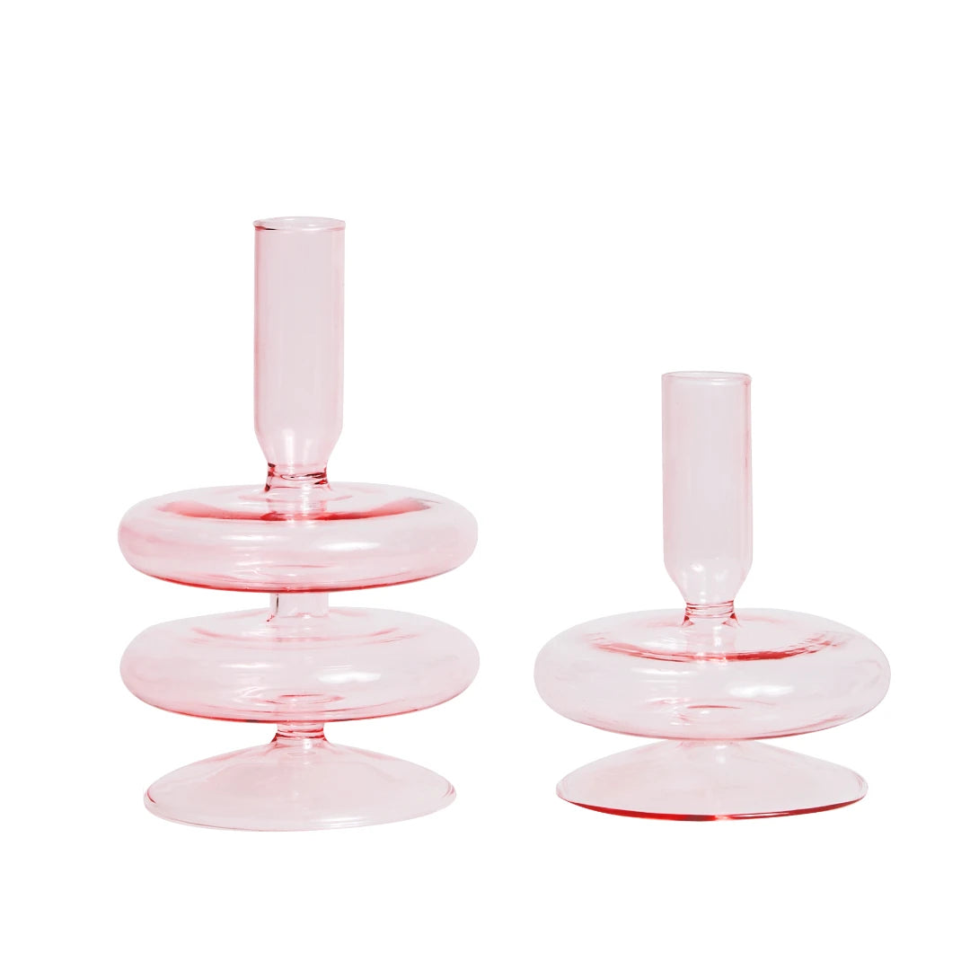 Lot bougeoirs anneaux verre rose - Esprit Chandelier