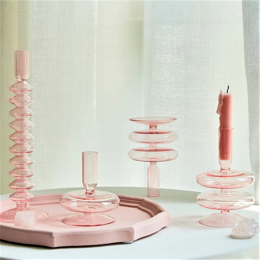 bougeoir en verre rose - Esprit Chandelier