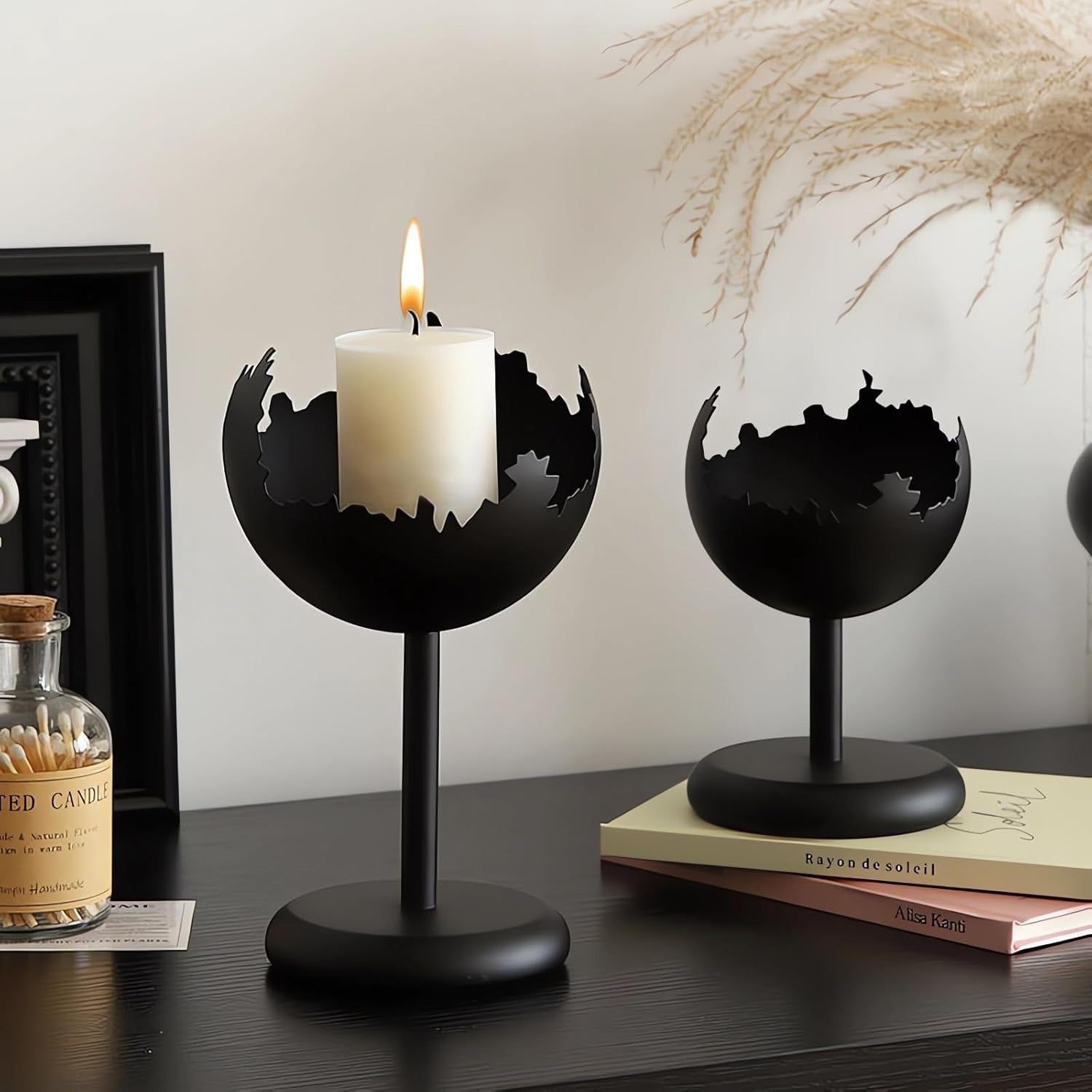 bougeoir pilier boule noir metal - Esprit Chandelier