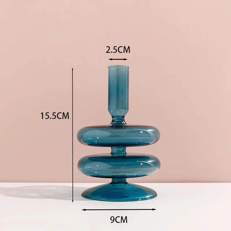 bougeoir verre 2 anneaux bleu canard