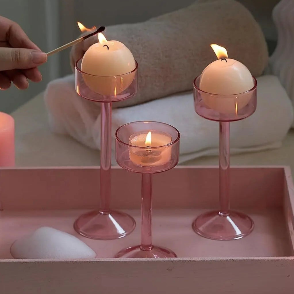 bougeoir verre a pied rose