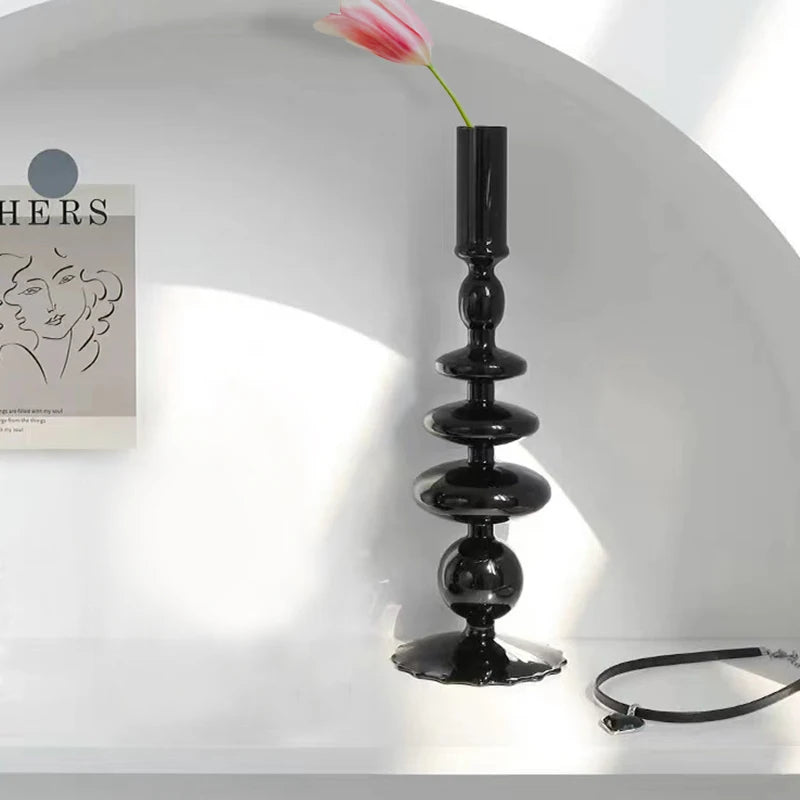 bougeoir verre noir long lace - Esprit Chandelier