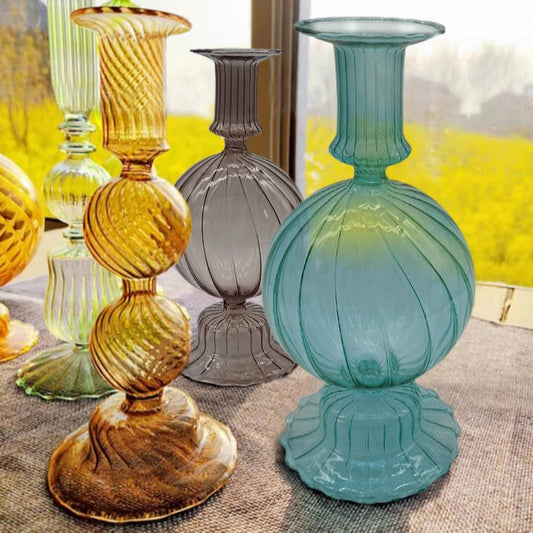 bougeoir verre strie bleu brun