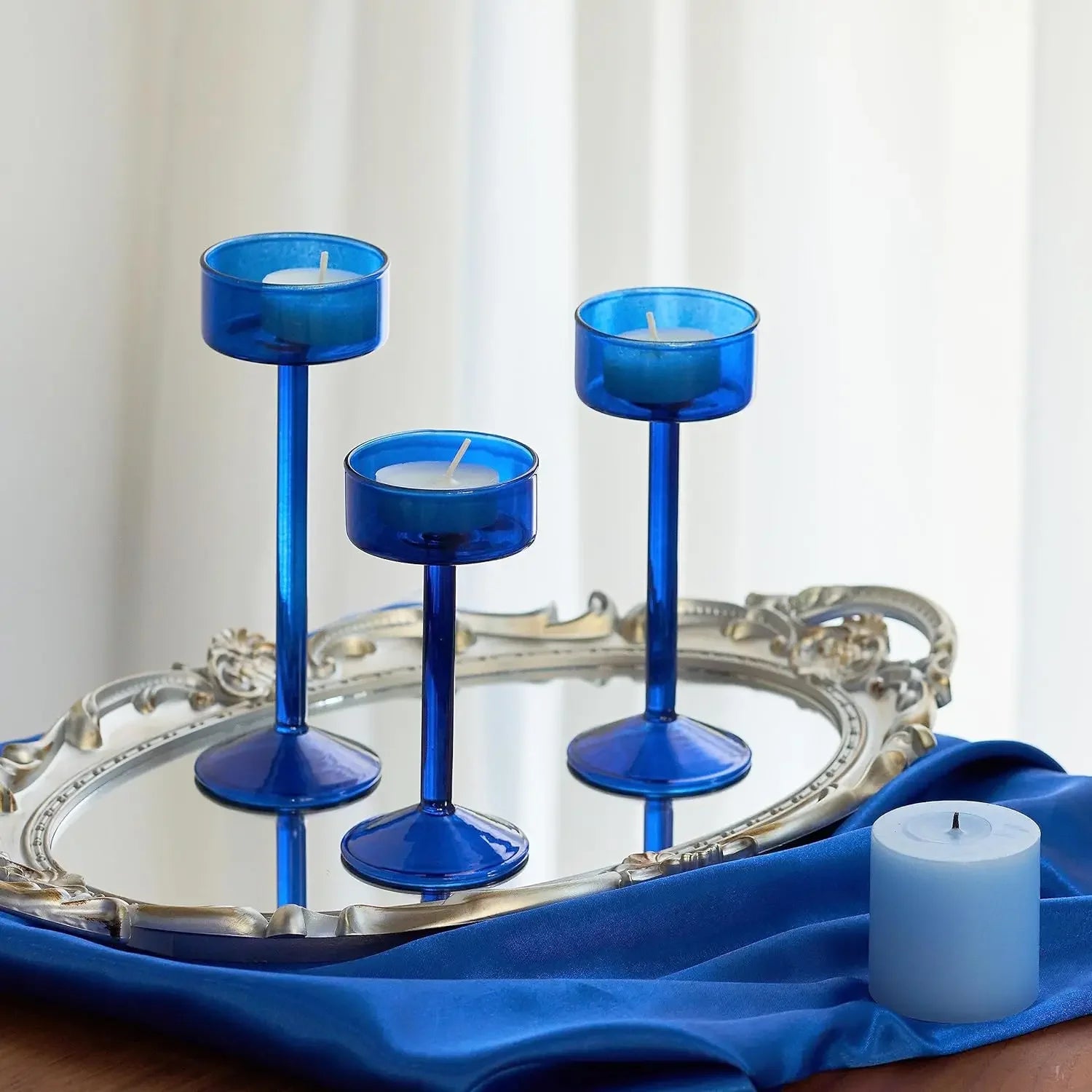 bougeoirs bleu verre pieds