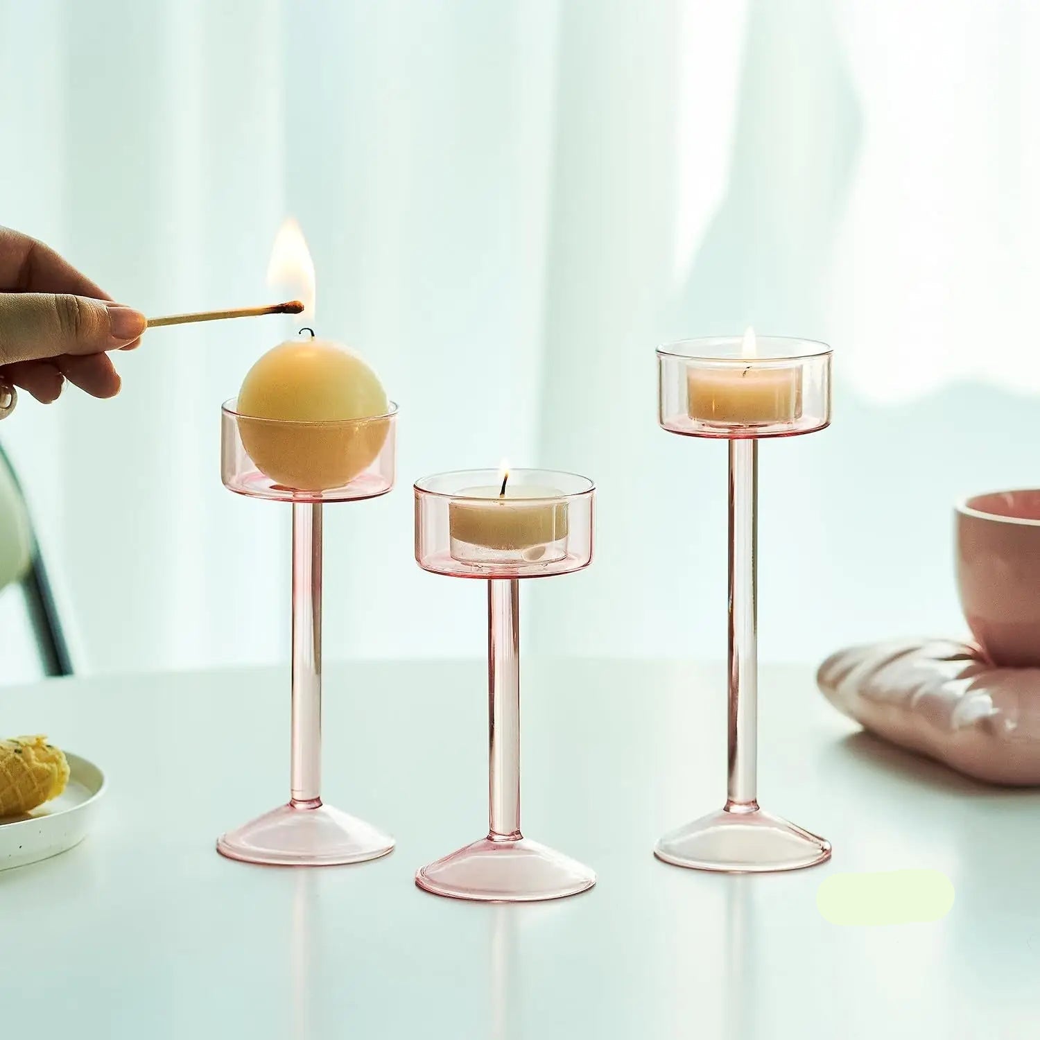 bougeoirs rose verre pied