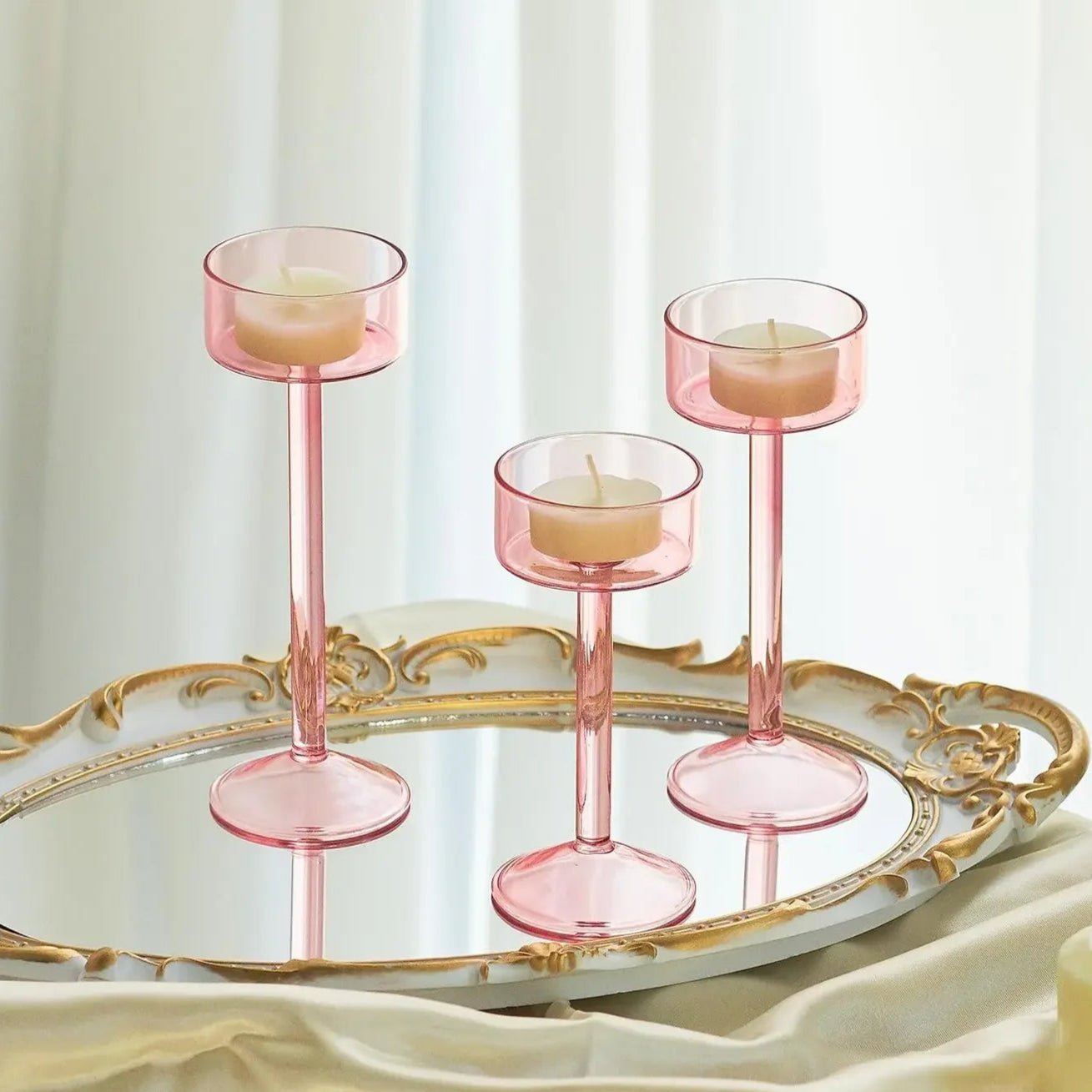 bougeoirs rose verre pieds