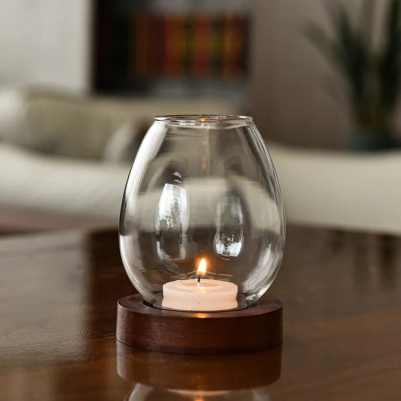 photophore verre socle bois - Esprit Chandelier