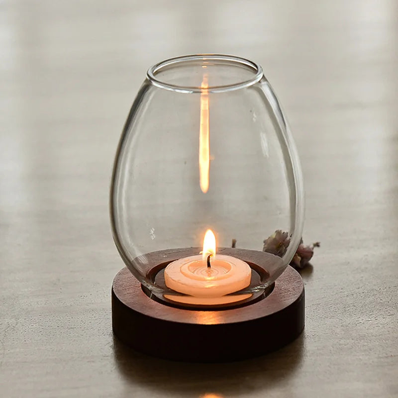 photophore verre socle bois - Esprit Chandelier