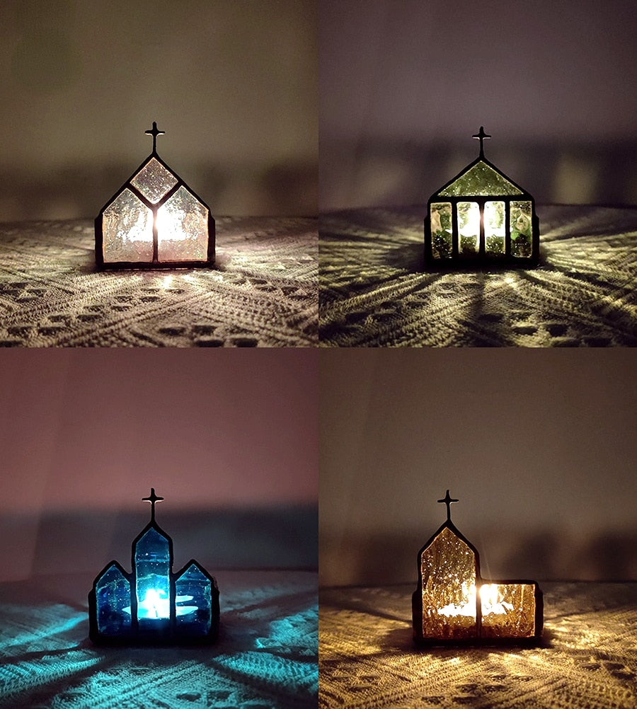 Photophore Eglise Verre Coloré - Esprit Chandelier