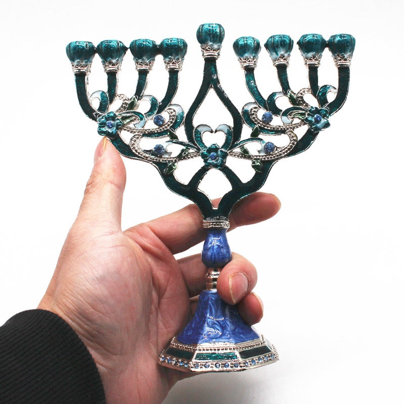 candélabre hanoukka 9 branches bleu argent - Esprit Chandelier